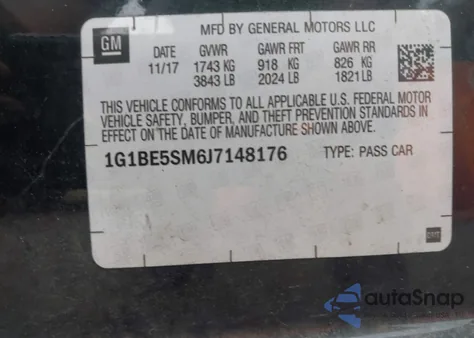 2018 Chevrolet Cruze Lt z USA, uszkodzony, nr VIN 1G1BE5SM6J7148176